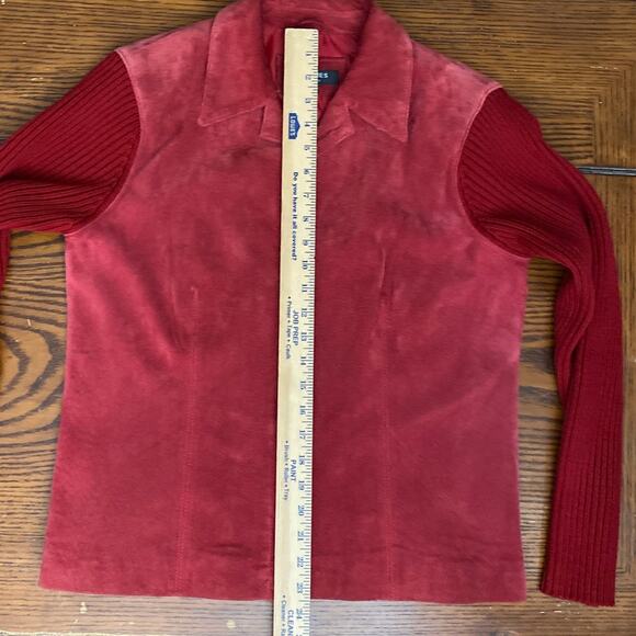 Red Suede Leather Wool Jacket Womens M Knit Sleeve Boho Western Academia Shacket - Picture 9 of 11